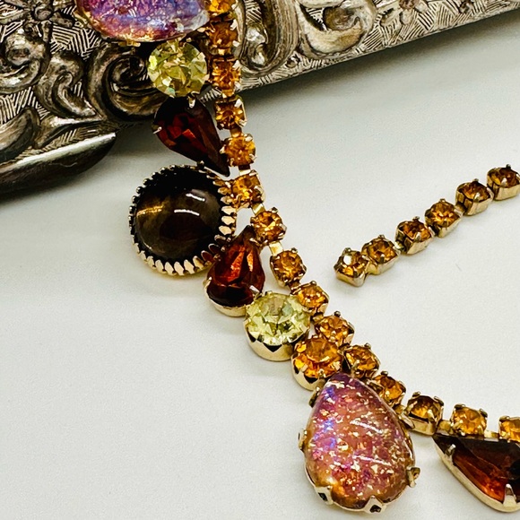 🔥 Vintage GORGEOUS Opal Rhinestone Crystal Necklace - Picture 14 of 17